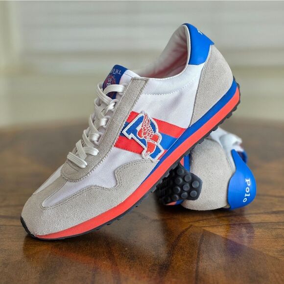 Polo Ralph Lauren Train 90-SK-ATH P-Wing Shoes White Grey Blue Red Men's 10.5 LE - Picture 1 of 14